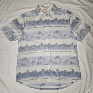 Tommy Bahama Relax Men Large Seersucker Striped Palm Tree Button Down Shirt Blue